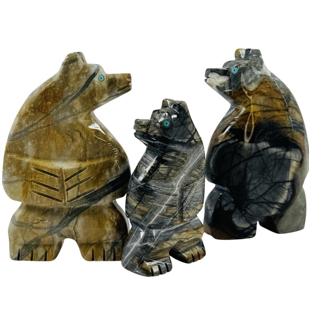 Native American 3 Carved Stone Bears Turquoise Eyes Rustic Cabin Collectable Gem